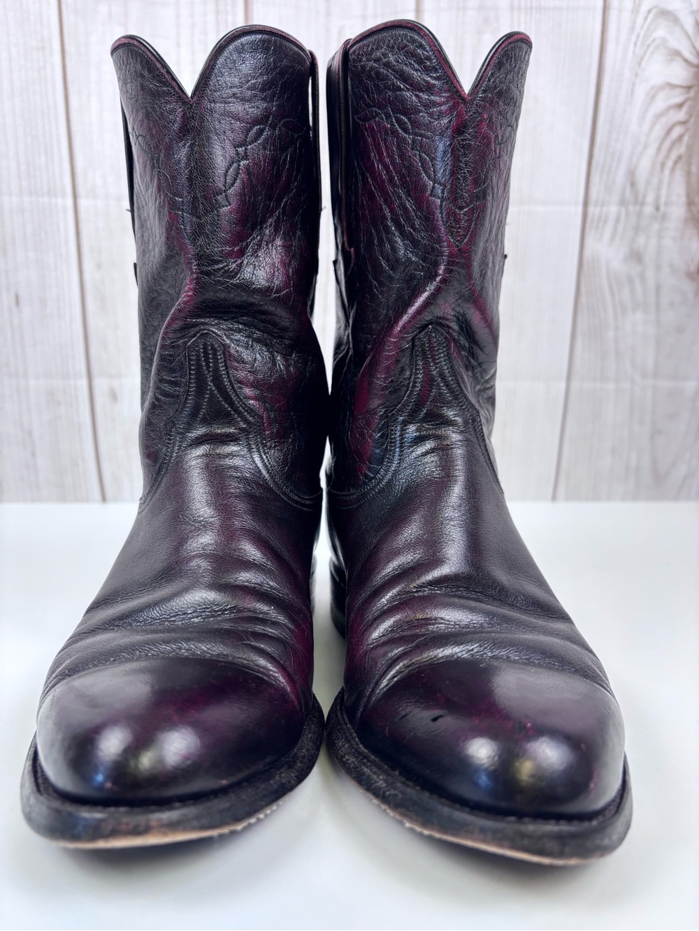 Vintage Lucchese Leather Cowboy Western Roper Boots P0134 Black Cherry Sz 8E - Picture 7 of 15